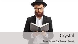  Presentation with religious - Colorful slide set enhanced with religious man reading a book backdrop and a light gray colored foreground