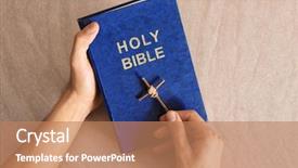  Presentation with religious bible - Cool new PPT theme with religious man with handmade cross backdrop and a coral colored foreground