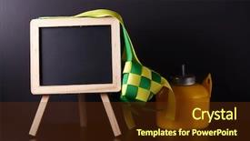  Presentation with oil lamp - Theme enhanced with religious moeslem - mini blackboard with decoration ketupat background and a tawny brown colored foreground