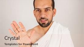  Presentation with hajj - Beautiful slides featuring religious moeslem - muslim man wearing hajj cloth backdrop and a  colored foreground