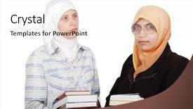  Presentation with muslim women - Slides featuring religious obedience - young muslim women in traditional background and a sky blue colored foreground