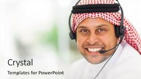  Presentation with arabic - Audience pleasing presentation theme consisting of religious service - arabic business man with headphone backdrop and a white colored foreground