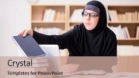  Presentation with hijab - Slide deck featuring religious studies - muslim girl in hijab studying background and a coral colored foreground