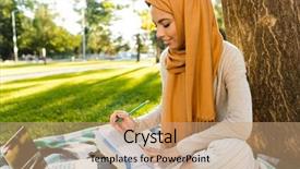  Presentation with arabic desing - Presentation theme with religious studies - photo of brunette arabic student background and a coral colored foreground