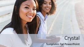  Presentation with happy young student girl holding - Beautiful slides featuring religious studies - two happy young students girls backdrop and a  colored foreground