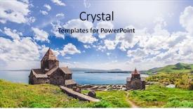  Presentation with church blue - Theme with religious water cross - beautiful view of old church background and a  colored foreground