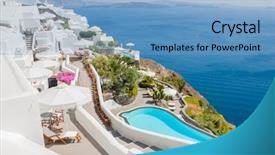  Presentation with santorini - Cool new PPT theme with religious water cross - view on oia in santorini backdrop and a light blue colored foreground