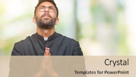  Presentation with praying hands - Audience pleasing slide deck consisting of religious worry - adult hispanic catholic priest man backdrop and a  colored foreground