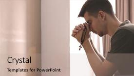  Presentation with rosary - PPT theme featuring religious young man with rosary background and a coral colored foreground