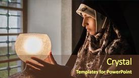  Presentation with woman muslim - Cool new slide deck with religous - beautiful muslim young woman backdrop and a tawny brown colored foreground