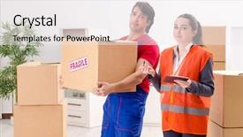  Presentation with professional - Beautiful PPT theme featuring relocate - professional movers doing home relocation backdrop and a sky blue colored foreground