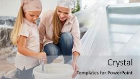  Presentation with mother child - Beautiful presentation design featuring relocation building - child helps mother to paint backdrop and a light gray colored foreground