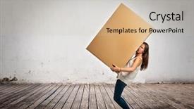  Presentation with room - Amazing PPT theme having relocation building - young woman holding a cardbox backdrop and a soft green colored foreground