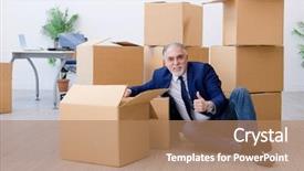  Presentation with moving for kids - Presentation theme featuring relocation company - aged businessman moving to new background and a coral colored foreground