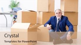  Presentation with moving in - Audience pleasing presentation consisting of relocation company - aged businessman moving to new backdrop and a coral colored foreground