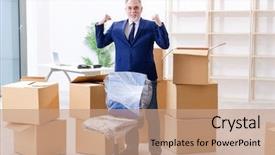  Presentation with company - Presentation enhanced with relocation company - aged businessman moving to new background and a coral colored foreground