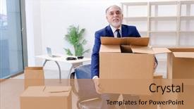  Presentation with company - Colorful presentation theme enhanced with relocation company - aged businessman moving to new backdrop and a coral colored foreground