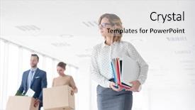  Presentation with files - Beautiful PPT theme featuring relocation company - businesswoman carrying files while colleagues backdrop and a light gray colored foreground