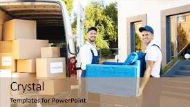  Presentation with company - Colorful presentation theme enhanced with relocation company - delivery men with armchair near backdrop and a coral colored foreground
