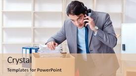  Presentation with company - PPT theme enhanced with relocation company - young man employee with boxes background and a lemonade colored foreground