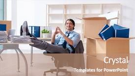  Presentation with employee - Presentation design featuring relocation company - young man employee with boxes background and a coral colored foreground