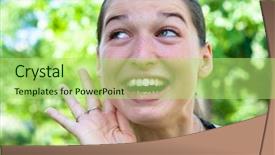  Presentation with news - PPT layouts consisting of relying on hand-ear listening the good news in the green grass background and a mint green colored foreground