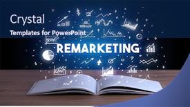  Presentation with business book tgemplate - Beautiful presentation featuring remarketing inscription coming out from an open book business concept backdrop and a ocean colored foreground