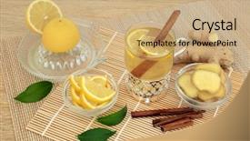  Presentation with ginger lemon drink - Beautiful presentation design featuring remediation - cold and flu remedy ingredients backdrop and a coral colored foreground