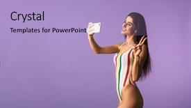  Presentation with cheerful stylish city girl using - Presentation enhanced with reminiscence summer - cheerful young girl wearing swimsuit background and a light blue colored foreground