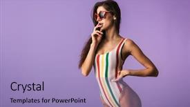  Presentation with cheerful stylish city girl using - Audience pleasing presentation design consisting of reminiscence summer - cheerful young girl wearing swimsuit backdrop and a light blue colored foreground