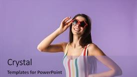  Presentation with cheerful - Presentation theme featuring reminiscence summer - cheerful young girl wearing swimsuit background and a light blue colored foreground