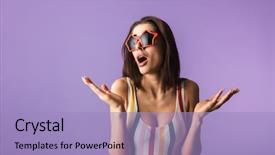  Presentation with cheerful stylish city girl using - Cool new slide set with reminiscence summer - cheerful young girl wearing swimsuit backdrop and a light blue colored foreground