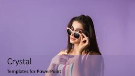  Presentation with cheerful stylish city girl using - Beautiful presentation design featuring reminiscence summer - cheerful young girl wearing swimsuit backdrop and a light blue colored foreground