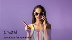  Presentation with cheerful stylish city girl using - Colorful presentation enhanced with reminiscence summer - cheerful young girl wearing swimsuit backdrop and a coral colored foreground