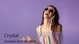  Presentation with cheerful stylish city girl using - Presentation design having reminiscence summer - cheerful young girl wearing swimsuit background and a coral colored foreground