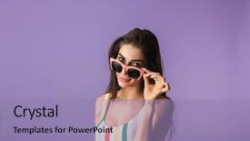  Presentation with cheerful stylish city girl using - Cool new presentation design with reminiscence summer - cheerful young girl wearing swimsuit backdrop and a  colored foreground