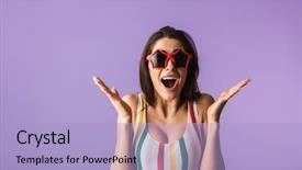  Presentation with cheerful stylish city girl using - Presentation with reminiscence summer - cheerful young girl wearing swimsuit background and a  colored foreground