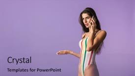  Presentation with phone - Presentation design with reminiscence summer - confused young girl wearing swimsuit background and a light blue colored foreground