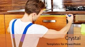  Presentation with kitchen cabinet - Amazing theme having remodel - young repair man measuring kitchen backdrop and a gold colored foreground