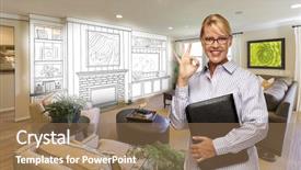  Presentation with living room - Audience pleasing theme consisting of remodel sales - happy woman with okay sign backdrop and a  colored foreground