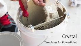  Presentation with paint bucket - Slide deck having remodel sales - professional painter loading paint onto background and a white colored foreground