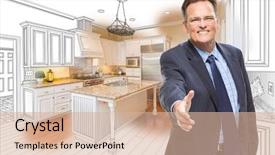  Presentation with shake hand - Theme featuring remodel sales - smiling male agent reaching background and a  colored foreground
