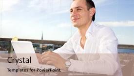  Presentation with dark tealout picture - Audience pleasing PPT theme consisting of remote access - picture of handsome businessman backdrop and a coral colored foreground