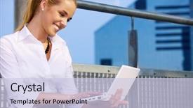  Presentation with computer - Presentation theme with remote access - picture of happy businesswoman background and a  colored foreground