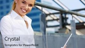  Presentation with cyber stalking computer laptop suffering - PPT theme enhanced with remote access - picture of happy businesswoman background and a  colored foreground