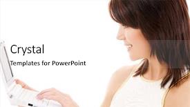  Presentation with computer - Cool new PPT theme with remote access - picture of happy woman backdrop and a white colored foreground