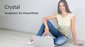  Presentation with laptop - PPT theme having remote computing - beautiful young woman sitting background and a light gray colored foreground