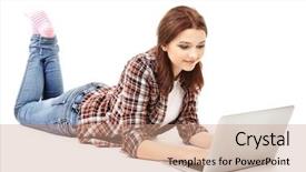  Presentation with remote - Slide deck with remote computing - beautiful young woman with laptop background and a coral colored foreground