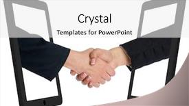  Presentation with wireless communication concept - Slides with remote computing - two computer device and hands background and a  colored foreground