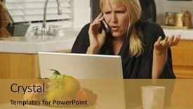  Presentation with remote - Cool new PPT theme with remote computing - woman in her kitchen backdrop and a  colored foreground